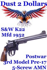 Gorgeous Smith & Wesson K-22 Masterpiece 5-Screw Postwar 3rd Model Pre-17 6 Inch Revolver Mfd 1952 AMN - 1 of 18