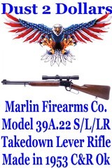 JM Marked 1953 Manufactured Marlin Firearms Co. Model 39A 39-A .22 S/L/LR Takedown Lever Action Rifle C&R Ok - 1 of 20
