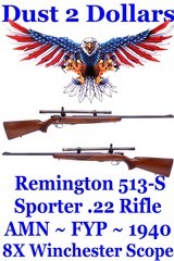 AMN Pre-War Remington Model 513-S Sporter .22 Bolt Action First Year Production Rifle With 8X Winchester Scope - 1 of 19