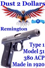 Early Type 1 Remington Model 51 Semi Automatic Pistol chambered in .380 ACP from 1920 W/Original Magazine - 1 of 12