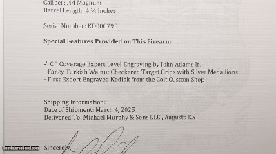 Colt Kodiak Factory Hand Engraved C Expert Level, 44 Mag 4.25