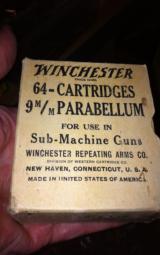 Full box of Winchester made sub-machine gun ammo -64 rounds-loaded hot for machine gun - 1 of 2
