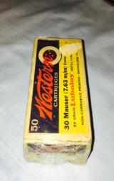  Western Arms yellow,blue/red-Bulls-Eye 50 rd boxes;1940's near mint box 30 luger and 30 Mauser - 6 of 7