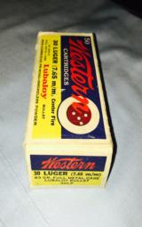  Western Arms yellow,blue/red-Bulls-Eye 50 rd boxes;1940's near mint box 30 luger and 30 Mauser - 2 of 7
