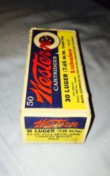  Western Arms yellow,blue/red-Bulls-Eye 50 rd boxes;1940's near mint box 30 luger and 30 Mauser - 3 of 7