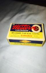  Western Arms yellow,blue/red-Bulls-Eye 50 rd boxes;1940's near mint box 30 luger and 30 Mauser - 1 of 7
