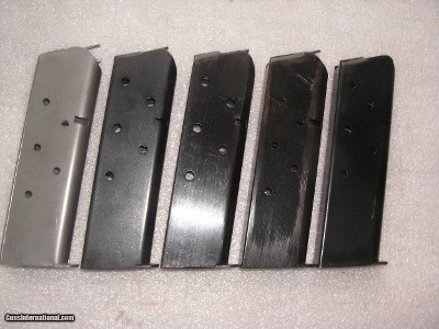 45 ACP 1911 5 MAGAZINES WITH ROUNDED FALLOWER, 4 BLUE FINISH AND 1 STAINLESS STEEL