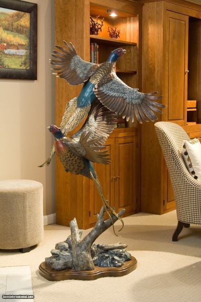 Royal Flush - Two Bronze Pheasants Taking Flight - A Rip Caswell Sculpture