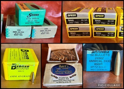 Various .243 / 6mm Bullets -- Barnes, Sierra, Speer, Berger, Bart's -- Solids, Spire Points, HPBT, FMJ - Image 1 of 5