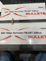 Two boxes of 500 each (1000 total) pieces of Hornaday 150 Gr FMJBT bullets - 1 of 4