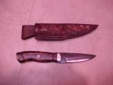 Collectors Fine Damascus Knife, by Lloyd Thompson, Blued With Hand Carved Leather Scabbard - 1 of 4