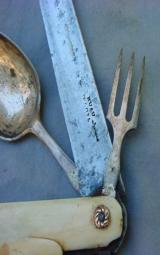 Elegant 18th Century Ivory handled w/ gold escucheons folding knife, fork, spoon, corkscrew knife - 8 of 15