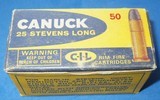 * Vintage AMMO .25 STEVENS RF RIMFIRE LONG FULL BOX CIL CANUCK - 2 of 5