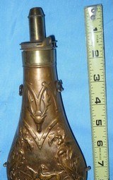 * Antique AMERICAN CAP & FLASK POWDER FLASK DOGS STAG OAK LEAVES 9" - 1 of 7