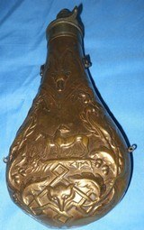 * Antique AMERICAN CAP & FLASK POWDER FLASK DOGS STAG OAK LEAVES 9" - 2 of 7