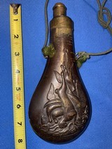 Antique 1860s POWDER FLASK RILING # 619 DEAD GAME AMERICAN FLASK & CAP - 1 of 5