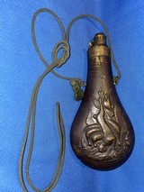 Antique 1860s POWDER FLASK RILING # 619 DEAD GAME AMERICAN FLASK & CAP - 2 of 5
