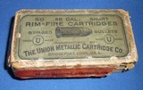 .38 RIMFIRE SHORT UMC 50 ROUNDS VERY CLEAN AMMO FOR ITS AGE 2 PART BOX IS IN ROUGH SHAPE