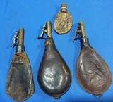 Antique 3 EMBOSSED CIVIL WAR ERA LEATHER & BRASS SHOT FLASKS DOGS - 2 of 18