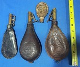 Antique 3 EMBOSSED CIVIL WAR ERA LEATHER & BRASS SHOT FLASKS DOGS