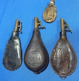 Antique 3 EMBOSSED CIVIL WAR ERA LEATHER & BRASS SHOT FLASKS DOGS - 6 of 18