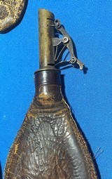 Antique 3 EMBOSSED CIVIL WAR ERA LEATHER & BRASS SHOT FLASKS DOGS - 9 of 18