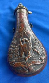 Antique CIVIL WAR ERA POWDER FLASK HUNTER, DOGS & BEAR IN A TREE - 3 of 8