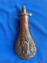 Antique CIVIL WAR ERA POWDER FLASK HUNTER, DOGS & BEAR IN A TREE - 1 of 8