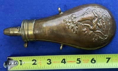 Antique 1860s ERA POWDER FLASK FALLEN HUNTER & TREE DESIGN 7 1/2"
