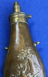 Antique 1860s ERA POWDER FLASK FALLEN HUNTER & TREE DESIGN 7 1/2" - 3 of 4