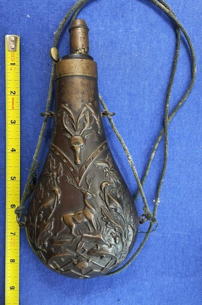 Antique CIVIL WAR ERA POWDER FLASK DEER, ELK, FOX AMERICAN FLASK & CAP