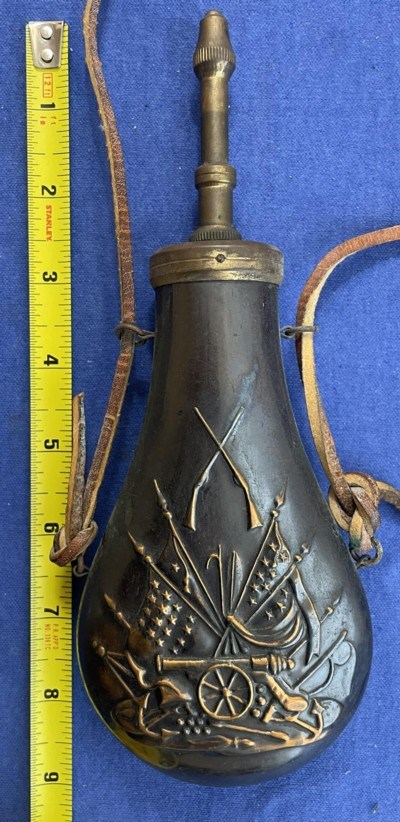 Vintage COLT NAVY REVOLVER PLUNGER DISPENCE POWDER FLASK CANNON & FLAGS