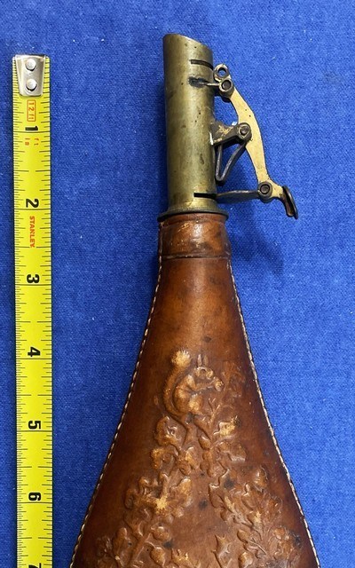 Antique MID 1800s ERA LEATHER SHOT FLASK, DEER, OWL, SQUIRREL, OAK LEAVES