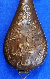 Antique MID 1800s ERA LEATHER SHOT FLASK, DEER, OWL, SQUIRREL, OAK LEAVES - 2 of 5