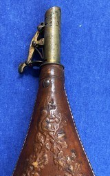 Antique MID 1800s ERA LEATHER SHOT FLASK, DEER, OWL, SQUIRREL, OAK LEAVES - 3 of 5