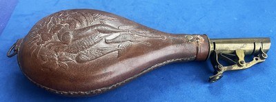 Antique CIVIL WAR ERA LEATHER 3 lb. AM FLASK & CAP Co. RABBIT & BIRDS - Image 4 of 8