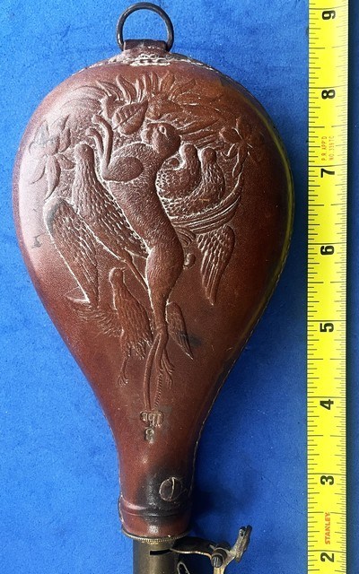 Antique CIVIL WAR ERA LEATHER 3 lb. AM FLASK & CAP Co. RABBIT & BIRDS - Image 1 of 8