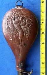 Antique CIVIL WAR ERA LEATHER 3 lb. AM FLASK & CAP Co. RABBIT & BIRDS - Image 1 of 8