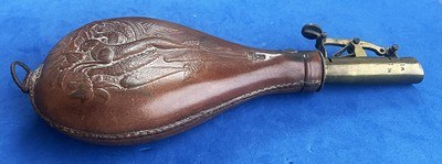 Antique CIVIL WAR ERA LEATHER 3 lb. AM FLASK & CAP Co. RABBIT & BIRDS - Image 7 of 8