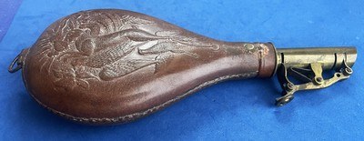 Antique CIVIL WAR ERA LEATHER 3 lb. AM FLASK & CAP Co. RABBIT & BIRDS - Image 3 of 8