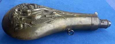 Antique ORIGINAL COPPER & BRASS POWDER FLASK RABBIT & BIRDS - Image 5 of 7