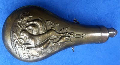 Antique ORIGINAL COPPER & BRASS POWDER FLASK RABBIT & BIRDS - Image 3 of 7