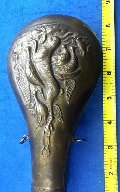 Antique ORIGINAL COPPER & BRASS POWDER FLASK RABBIT & BIRDS - Image 2 of 7