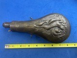 Antique ORIGINAL COPPER & BRASS POWDER FLASK RABBIT & BIRDS - Image 1 of 7