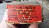*VINTAGE*
BOX of WINCHESTER ** 455 COLT
MARK II ** SMOKELESS
STAYNLESS CARTRIDGES
265 GR. BULLETS - 4 of 7