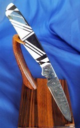 CUSTOM ED SCHEMPP HORNETS NEST MOSAIC DAMASCUS FIXED BLADE KNIFE /SANTA FE STONEWORKS PEARL & JET INLAYEDART DECO HANDLE with STAND