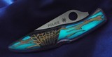CUSTOM Santa Fe Stoneworks ~ Spyderco "POLICE MODEL" CHOLLA CACTUS in GLOW IN THE DARK EPOXY / AZURITE & BRASS WEB NIB STUNNING!! - 2 of 8