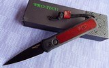 PRO-TECH GODSON Auto Folding Knife BLACK with BURGUNDY RED vintage Swiss Leather Inlay Deep Pocket Clip New Variation (06/2020) NIB - 1 of 7