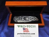 PRO-TECH TR-3 Ultimate Custom Bruce Shaw ENGRAVED 416 steel ~ Hand Ground Mirror Polished ~ Black Pearl Button
NIB - 12 of 13