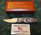 PRO-TECH TR-3 Ultimate Custom Bruce Shaw ENGRAVED 416 steel ~ Hand Ground Mirror Polished ~ Black Pearl Button
NIB - 4 of 13
